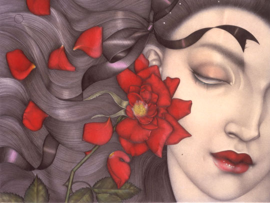 Mel Odom, "Falling Petals," Pencil, dyes, and gouache, 11 x 7 inches